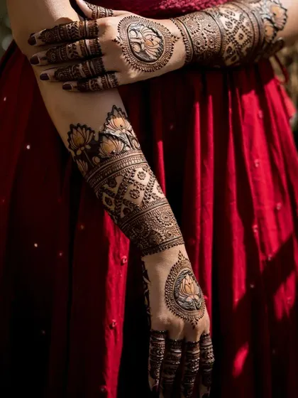 This design features bold lotus motifs on the palms and back of the hands, connected by intricate geometric patterns that wrap around the arms.