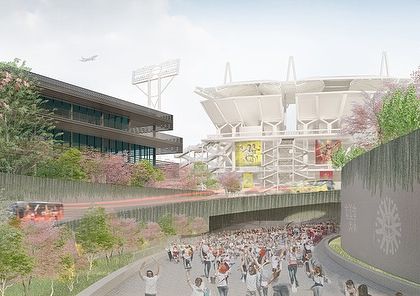 A render showing the arrival experience at the MCA campus, with a dedicated underpass for crowd movement on match days. The design integrates infrastructure with lush landscaping, ensuring efficient circulation while maintaining a connection to nature.