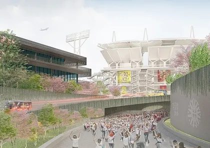 A render showing the arrival experience at the MCA campus, with a dedicated underpass for crowd movement on match days. The design integrates infrastructure with lush landscaping, ensuring efficient circulation while maintaining a connection to nature.