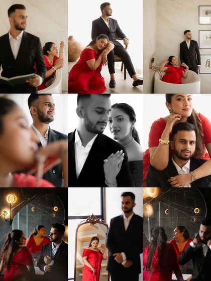 A grid showcasing the effortless elegance and playful romance of an indoor pre-wedding shoot. From moody, artistic shots to bright, happy moments, we capture the full spectrum of your connection.