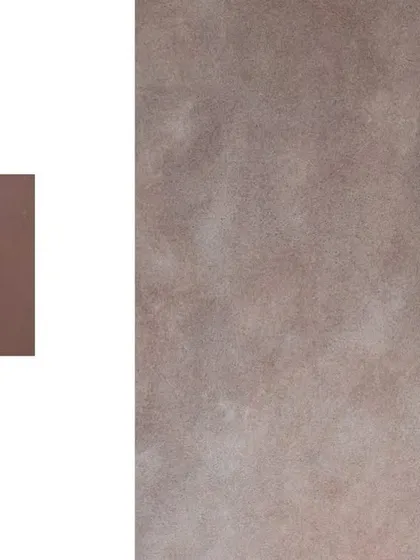 A sample of a finished plaster surface next to its color swatch. The final result is a soft, textured wall with subtle variations in tone, giving it a depth and character that cannot be achieved with paint.