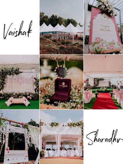 A grid collage showcasing the beautiful decor and details from a ring ceremony.