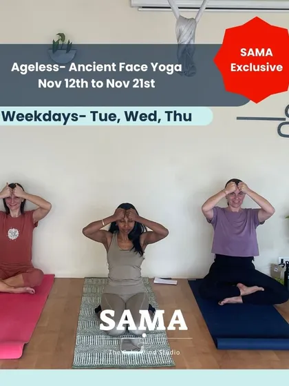 This is our Ageless Face Yoga workshop, a SAMA exclusive. Here, participants are learning ancient techniques to naturally tone and relax facial muscles, demonstrating a gentle, holistic approach to well being.