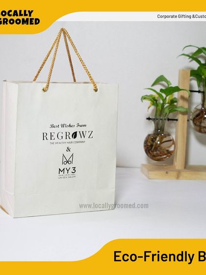 An elegant and eco-friendly paper bag with our client's branding. These bags are perfect for delivering gifts and reinforcing a premium, sustainable brand image.