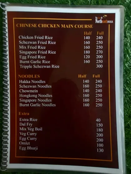 Our Chinese main course menu, featuring different types of fried rice and noodles. You can choose from Hakka, Schezwan, or Singapore style noodles.