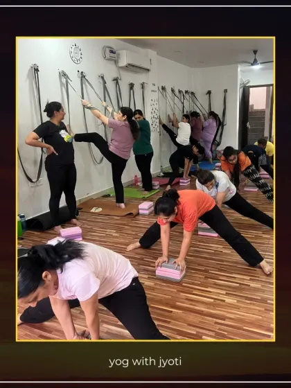 A variety of leg stretches being practiced with props, including blocks for splits and wall ropes for standing leg raises.