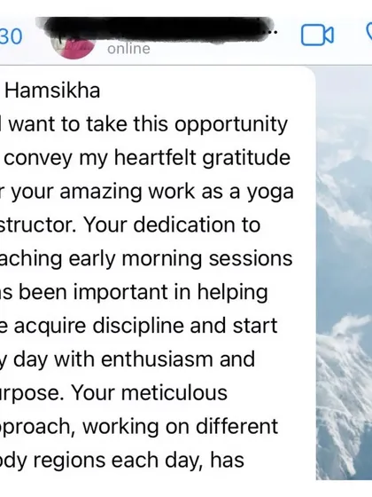 This screenshot from Spoorthy shows her heartfelt gratitude for the discipline and enthusiasm she gained from my early morning sessions.