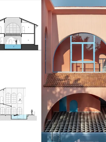 This collage juxtaposes our architectural drawings with the final built form of Baia's courtyard. It demonstrates how our design, which blends historical elements with a forward-thinking vision, translates from a 2D plan into a three-dimensional, communal space.