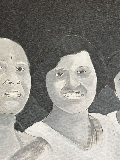 A different crop of the four-generation painting, showing the connection between the family members.