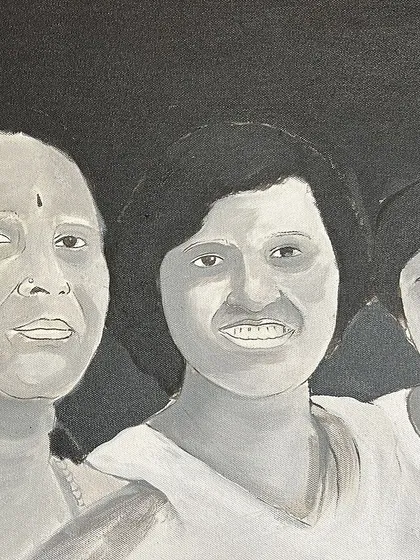 A different crop of the four-generation painting, showing the connection between the family members.