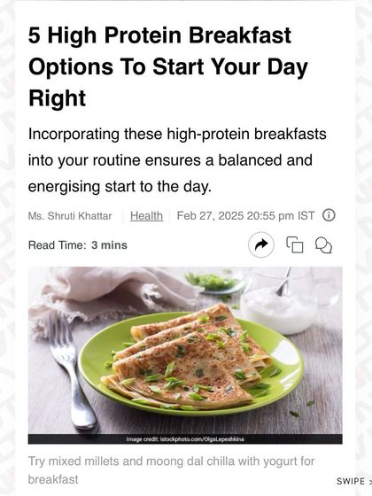 The article headline from my NDTV feature. Incorporating a high-protein breakfast ensures a balanced and energizing start to the day.
