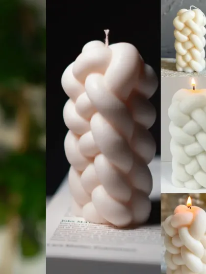 A collage showing different angles of the knotted weave pillar candle, both lit and unlit.