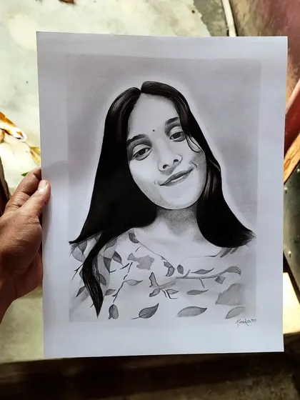 A beautiful commission work of a young woman. The simplicity of black and white really allows her gentle expression to shine through.