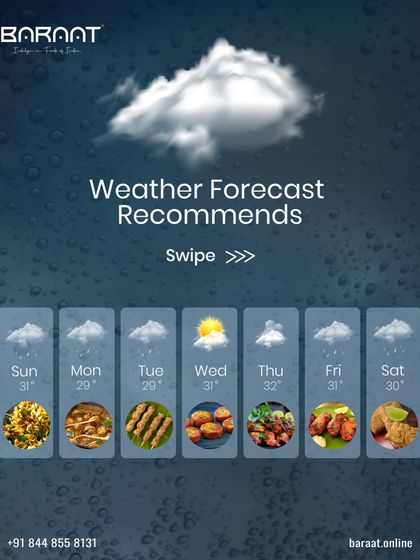 Our weather forecast recommends a week of delicious food. From Madras Bhel to Tandoori Fish, we have the perfect dish for any weather.