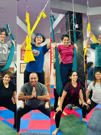 Our studio is filled with energy and smiling faces. This collage captures the fun and camaraderie of our partner and group aerial yoga sessions.