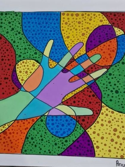 This colorful design by Anushree from 7th standard uses a handprint as its central theme. She filled the sections with vibrant poster colours and dot patterns for texture.