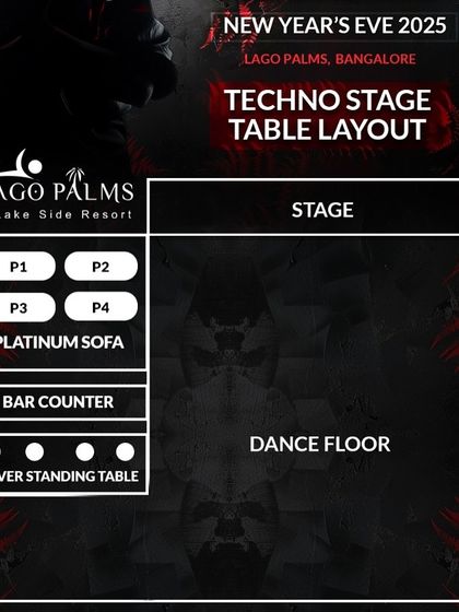 The detailed table layout for the Techno Stage at our Paradise NYE event. Meticulous planning of the space, including platinum sofas and bar counters, is key to a great guest experience.