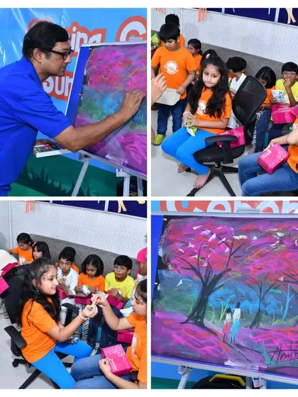 Our art instructor, Amitava Sir, gives a live drawing demonstration during the closing ceremony. This collage also shows students receiving their art supplies, ready to continue their creative journey.