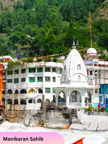 The beautiful Gurudwara Manikaran Sahib, a revered pilgrimage site nestled in the Parvati Valley, is a key stop on our Kasol trips.