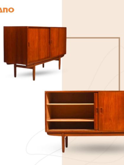 This mid-century modern inspired cabinet features a warm wood finish and sliding doors for easy access. The internal shelving provides flexible storage, making it a perfect addition to a dining room, living area, or hallway.