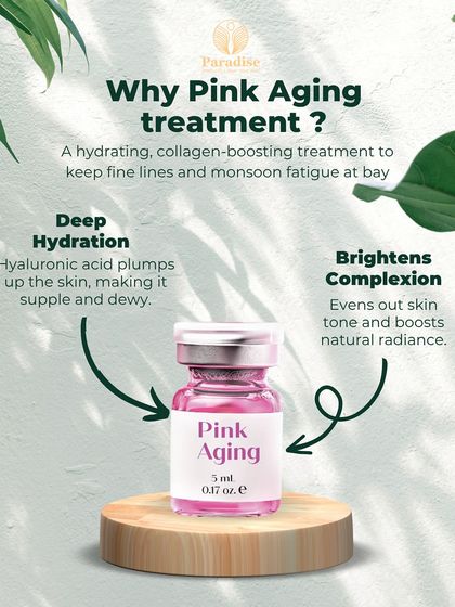 Why choose the Pink Aging treatment? It offers deep hydration with hyaluronic acid to plump the skin and also contains ingredients that brighten the complexion, even out skin tone, and boost natural radiance.