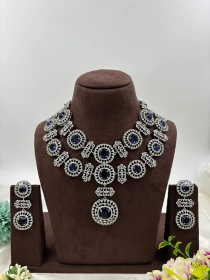 Another view of the blue double-layer circular stone AD necklace.