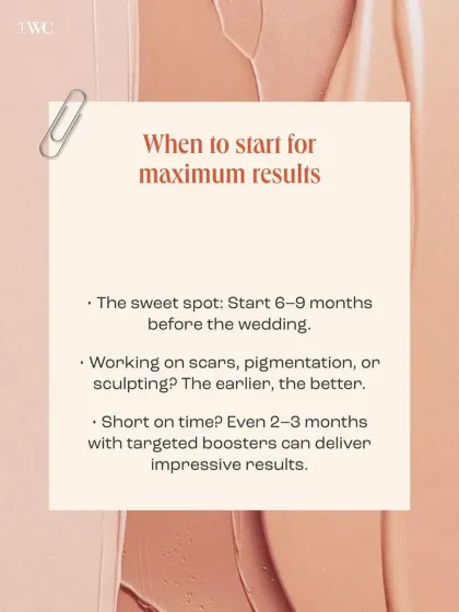 This guide shows the ideal timeframe for starting your bridal skin prep. For best results, especially for concerns like scars or pigmentation, starting 6 to 9 months out is the sweet spot. Even with 2 to 3 months, we can achieve impressive results with targeted boosters.