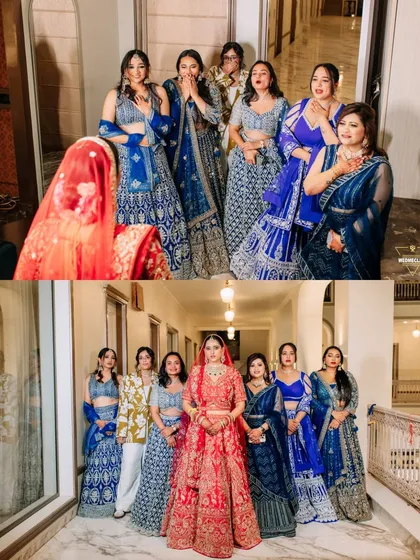 A collage of the bride with her bridesmaids, capturing both a fun, candid moment and a beautiful formal portrait.