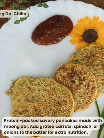 A healthy Indian breakfast idea: Moong Dal Chilla. These protein-packed savory pancakes are delicious and you can add grated carrots or spinach to the batter for extra nutrition.