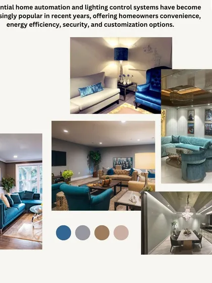 Residential home automation offers homeowners convenience, energy efficiency, and security. This mood board illustrates different living spaces where our customized lighting systems create a welcoming and comfortable atmosphere.