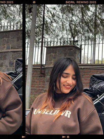 A smiling shot from the sweatshirt collage. This captures a genuine, happy moment, making the content more relatable.