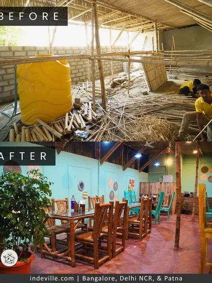 I believe in complete transformation. This before and after view of the Silbatti bamboo restaurant shows my end-to-end process, taking a project from a raw, empty plot to a fully realized, handcrafted space.