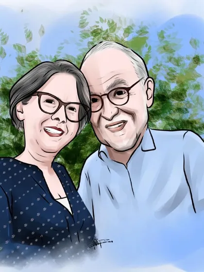 A semi-realistic digital portrait of a couple. This style is less exaggerated and focuses more on a painterly, rendered look while still maintaining a touch of caricature.