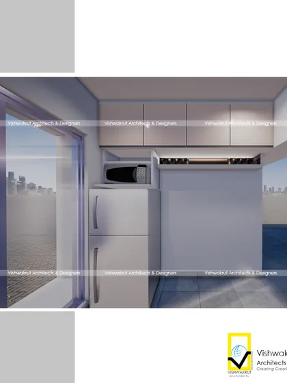 A 3D render of a proposed modular kitchen design. This view shows the placement of the microwave and refrigerator, demonstrating how we plan for all appliances from the start.