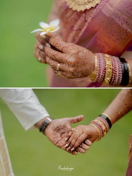 A collage of hands: one of the bride holding a flower, the other of the couple holding hands. This tells a story of love and new beginnings.