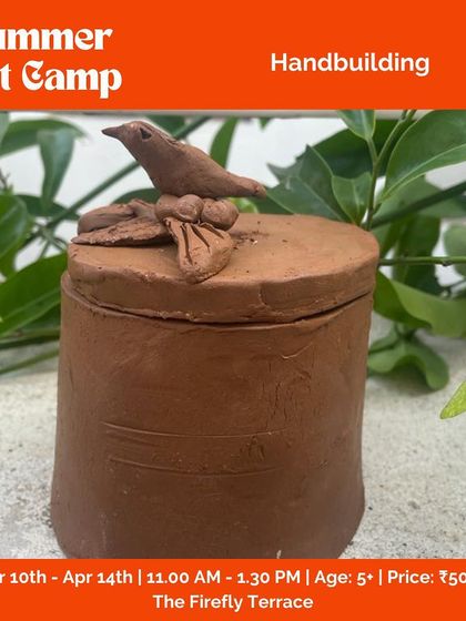 This poster for our summer art camp highlights the hand-building with clay activity. Kids get to create their own terracotta sculptures, like this charming lidded pot with a bird detail.