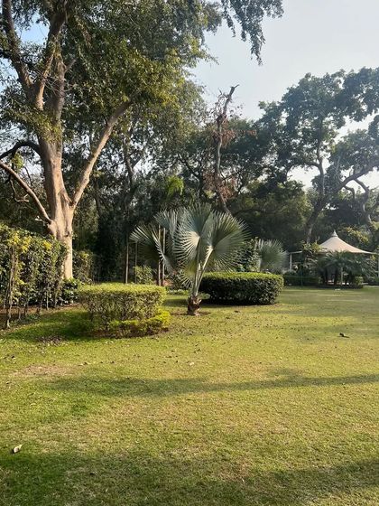 A wide shot of a serene garden with a large lawn, mature trees, and a gazebo in the distance. This exemplifies the peaceful and expansive environments we create for our clients.