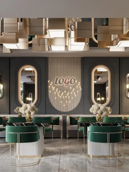 A frontal view of the restaurant's dining setup, highlighting the contrast between the plush green chairs and the dark marble tabletops. The design emphasizes a feeling of structured luxury and comfort for guests.