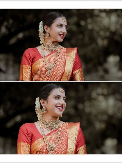 A diptych of a smiling bride in a beautiful red saree. These classic portraits perfectly capture her happiness and traditional elegance.
