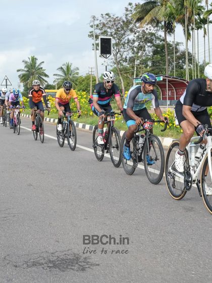 The peloton with a backdrop of palm trees, a scenic shot from the Nandi Epic road race.