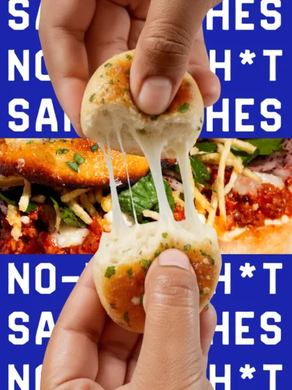 A creative collage showcasing the epic cheese pull of our garlic knots, the base for some of our most inventive sandwiches.