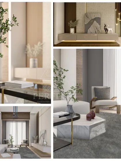 Details from a contemporary living room design. This project highlights our use of mixed materials, including a marble-topped coffee table, vertical wood slats for texture, and soft textiles. The focus is on creating a balanced space that feels both sophisticated and inviting.