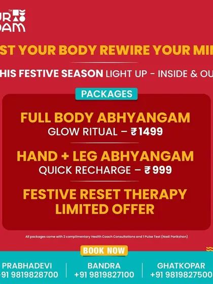 Ready to reset your body and mind? We've designed these festive therapy packages to help you relax and rejuvenate. Choose from a Full Body Abhyangam for a deep glow or a Hand and Leg Abhyangam for a quick recharge. Each package includes a complimentary Nadi Parikshan to ensure the therapy is tailored to you.