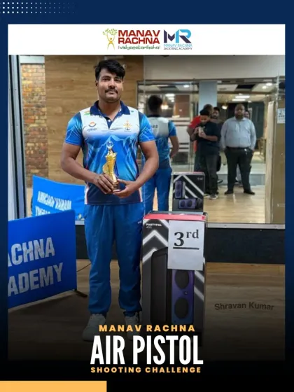 Our own shooter, Shravan Kumar, who secured 3rd place in the Air Pistol Challenge, showcasing his prize. Our athletes get to compete in top-tier events at their home range.