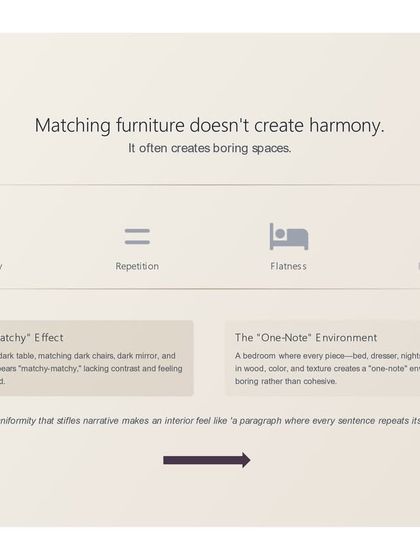 We break down the "matchy-matchy" effect. When every piece of furniture in a room is identical in style and color, it creates a flat, one-note environment that feels boring rather than cohesive.