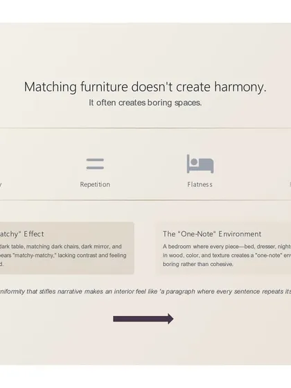 We break down the "matchy-matchy" effect. When every piece of furniture in a room is identical in style and color, it creates a flat, one-note environment that feels boring rather than cohesive.