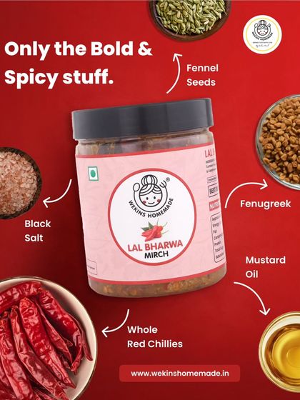 Our Lal Bharwa Mirch is packed with only the bold and spicy stuff. We use whole red chilies, black salt, fenugreek, fennel seeds, and pure mustard oil to create its signature flavor.