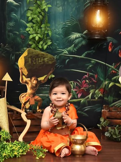 A wider view of the epic "Ram Ji" setup. The detailed jungle backdrop and character cutouts bring the ancient story to life for a truly unique portrait.