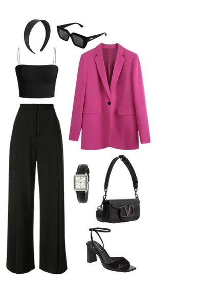 A modern and chic outfit inspiration board. This look combines a black crop top and wide-leg pants with a pop of color from a pink blazer, creating a powerful and stylish silhouette.