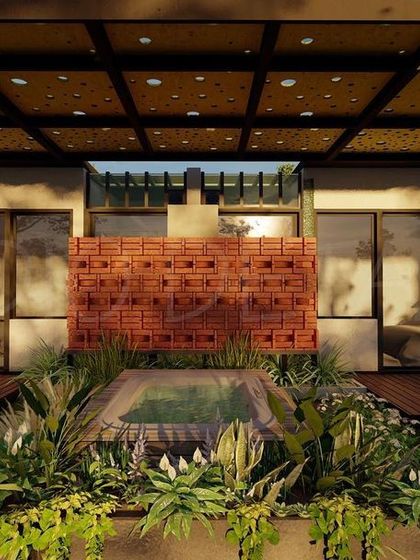 This render showcases an innovative use of brickwork to create privacy screens. The patterns play with light and shadow, creating an alluring illusion that makes the screens feel light and unique.